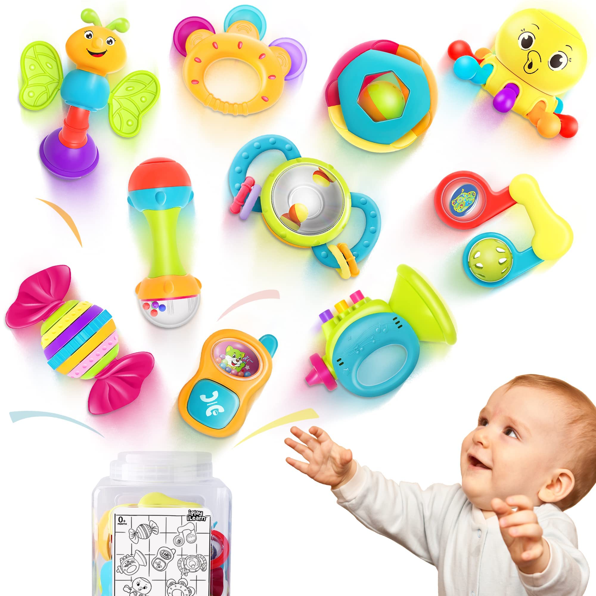 iPlay iLearn 赤ちゃん用 ガラガラ、歯固め、シェーカー、掴んで回すラトル、音の出るおもちゃ10点セット、幼少教育玩具 3、6、 9、 12